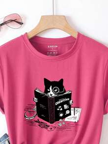 SHEIN LUNE Áo thun nữ Hoạt hình Slogan Giải trí - Màu Hồng Tươi - Xem 4