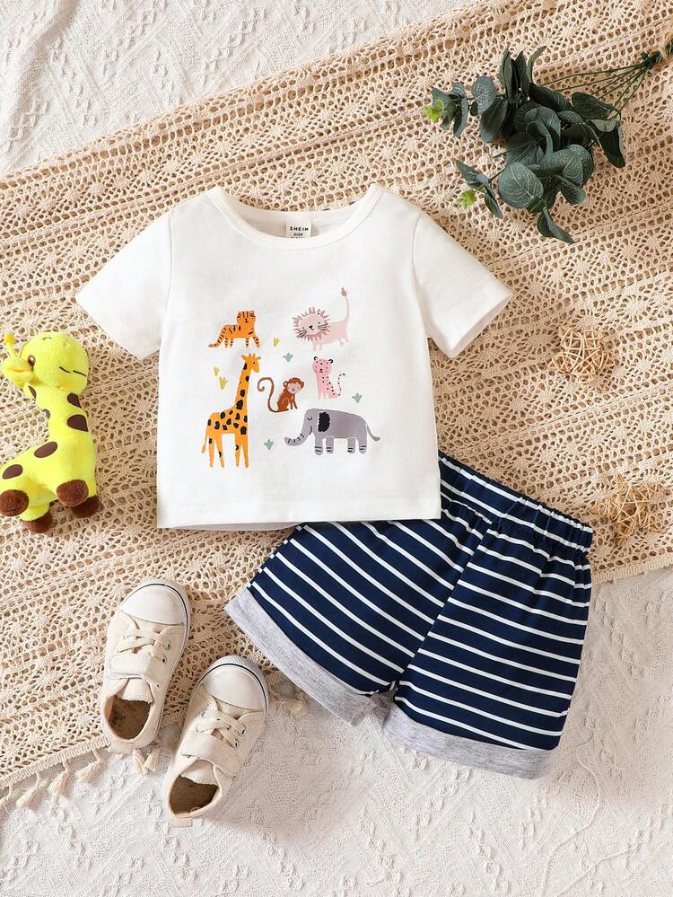Baby Cartoon Graphic Tee & Striped Shorts - Blue and White - View 1
