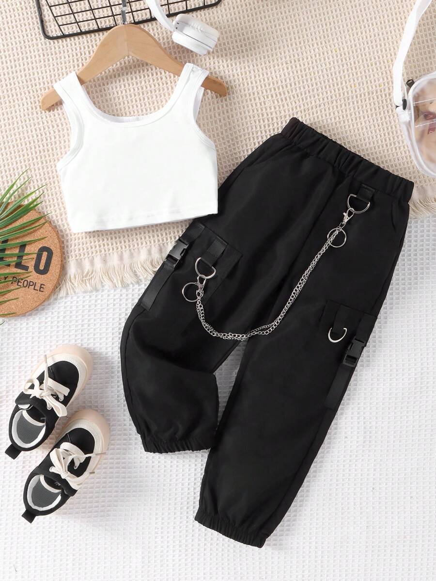 SHEIN 小女童素色背心上衣和褲子帶鏈子 - 黑與白 - 查看 1