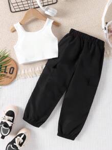 SHEIN 小女童素色背心上衣和褲子帶鏈子 - 黑與白 - 查看 2