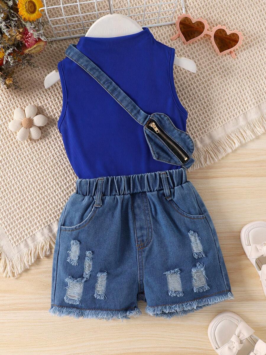 Niñas de cuello alto Top tank & desgarro ribete sin dobladillo Shorts en mezclilla & Bolso - Azul - Ver 1
