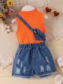 SHEIN 小女童小高領背心上衣&破洞毛邊牛仔短褲&組合包 - 彩色 - 查看 1