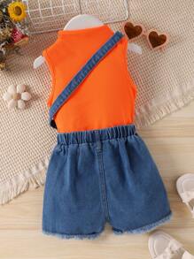 SHEIN 小女童小高領背心上衣&破洞毛邊牛仔短褲&組合包 - 彩色 - 查看 2