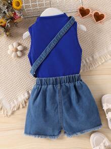 Niñas de cuello alto Top tank & desgarro ribete sin dobladillo Shorts en mezclilla & Bolso - Azul - Ver 2