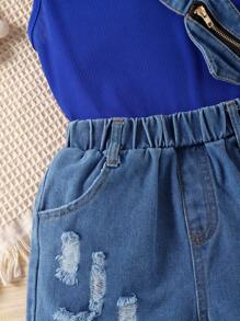 Niñas de cuello alto Top tank & desgarro ribete sin dobladillo Shorts en mezclilla & Bolso - Azul - Ver 3