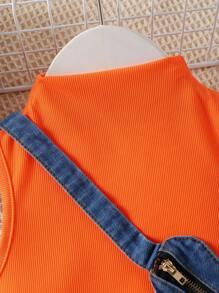 SHEIN 小女童小高領背心上衣&破洞毛邊牛仔短褲&組合包 - 彩色 - 查看 3