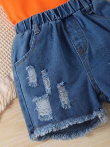 SHEIN 小女童小高領背心上衣&破洞毛邊牛仔短褲&組合包 - 彩色 - 查看 4