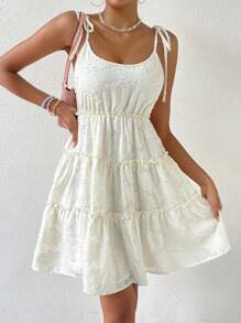 Soleia 提花肩上打結褶邊荷葉邊吊帶連衣裙 - 米色 - 查看 5