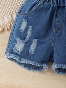 Niñas de cuello alto Top tank & desgarro ribete sin dobladillo Shorts en mezclilla & Bolso - Azul - Ver 5