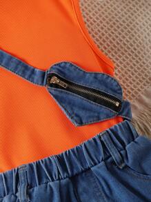 SHEIN 小女童小高領背心上衣&破洞毛邊牛仔短褲&組合包 - 彩色 - 查看 5