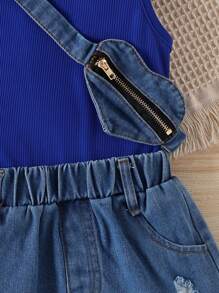 Niñas de cuello alto Top tank & desgarro ribete sin dobladillo Shorts en mezclilla & Bolso - Azul - Ver 6