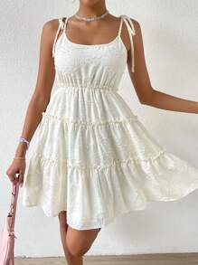 Soleia 提花肩上打結褶邊荷葉邊吊帶連衣裙 - 米色 - 查看 4