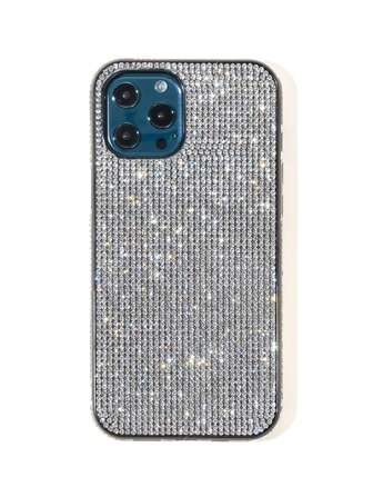 Silver Y2k 1pc Luxury Full Coverage Glitter Anti-Drop Heart Case With Micro-Inlaid Rhinestones, Compatible With Apple 11-15 Pro Max Series