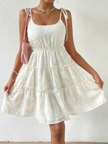 Soleia 提花肩上打結褶邊荷葉邊吊帶連衣裙 - 米色 - 查看 3