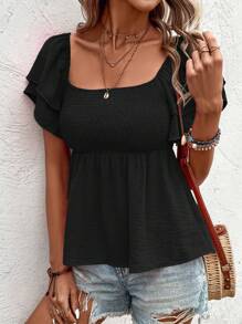 SHEIN LUNE 方领短款上衣，褶皱下摆，层叠飘逸袖子，黑色荷叶边上衣 - 黑色 - 查看 4