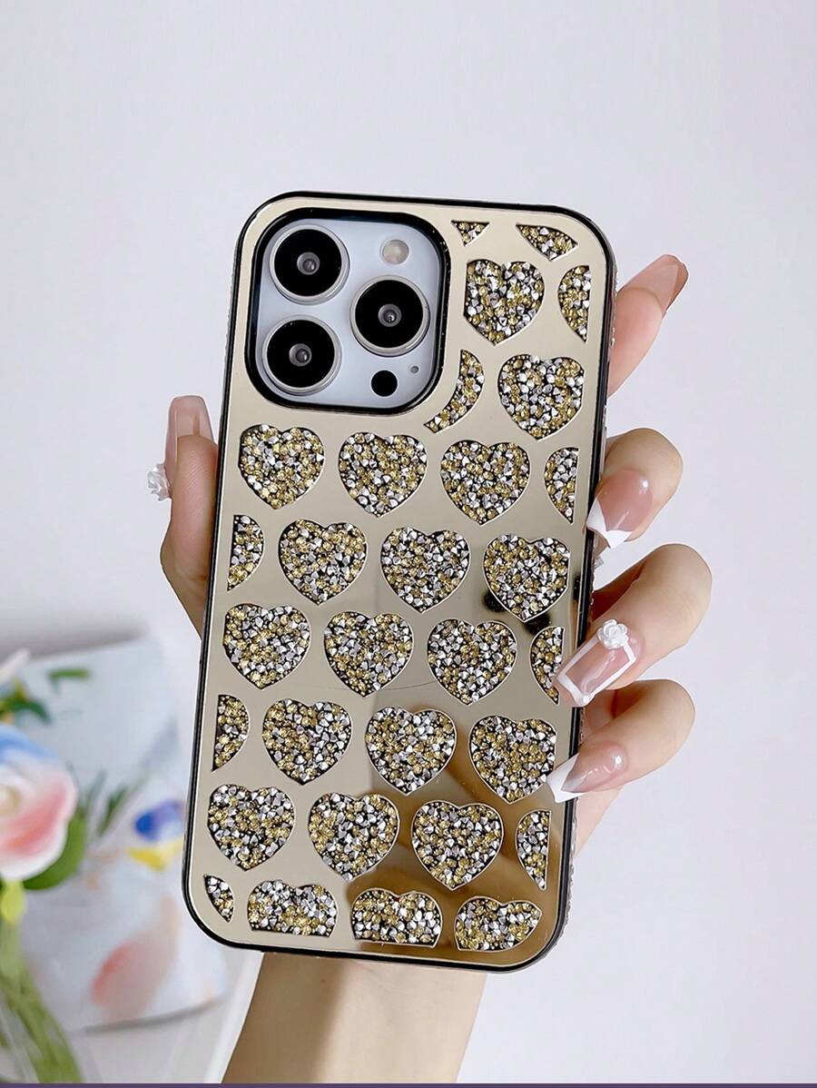 1件奢華閃爍全保護防摔心形微鑲鑽手機殼,適用於iphone 11-15 Pro Max系列 - 金色 - 查看 1