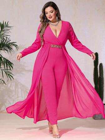 深V領鏈條細節連身褲