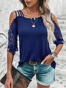SHEIN LUNE Contrast Lace Cold Shoulder Tee - Blue - View 1