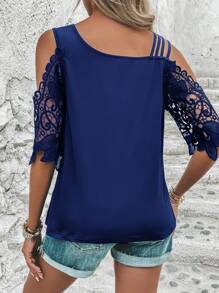 SHEIN LUNE Contrast Lace Cold Shoulder Tee - Blue - View 2