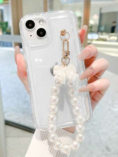 Apple Phone Charm Cell Phone Lanyards Transparent Tpu Airbag Phone Case With Faux Pearl & Bowknot Wristlet Chain For Women's Iphone