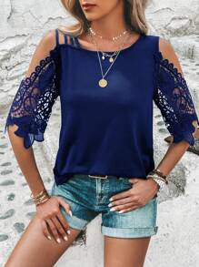 SHEIN LUNE Contrast Lace Cold Shoulder Tee - Blue - View 4