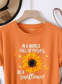 SHEIN LUNE Sunflower And Slogan Graphic Tee IN A WORLD FULL OF Roses, BE A Sunflower - Orange - View 4