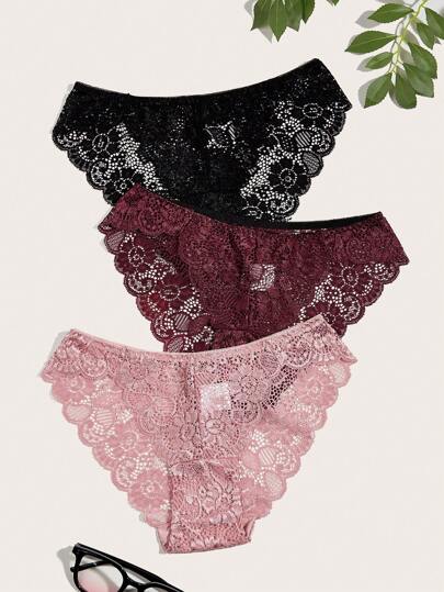 3pack Floral Lace Scallop Trim Panty Lingerie