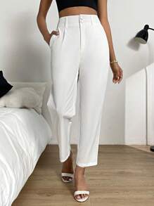 SHEIN Essnce 素色斜口袋直筒褲 - 白色 - 查看 2