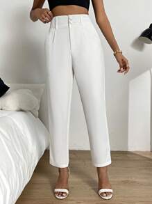 SHEIN Essnce 素色斜口袋直筒褲 - 白色 - 查看 6