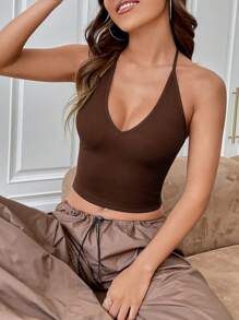 SHEIN EZwear 夏季纯色休闲罗纹针织露脐吊带上衣 - 巧克力棕 - 查看 4