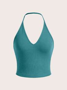SHEIN EZwear Solid Backless Halter Top - Teal Blue - View 1
