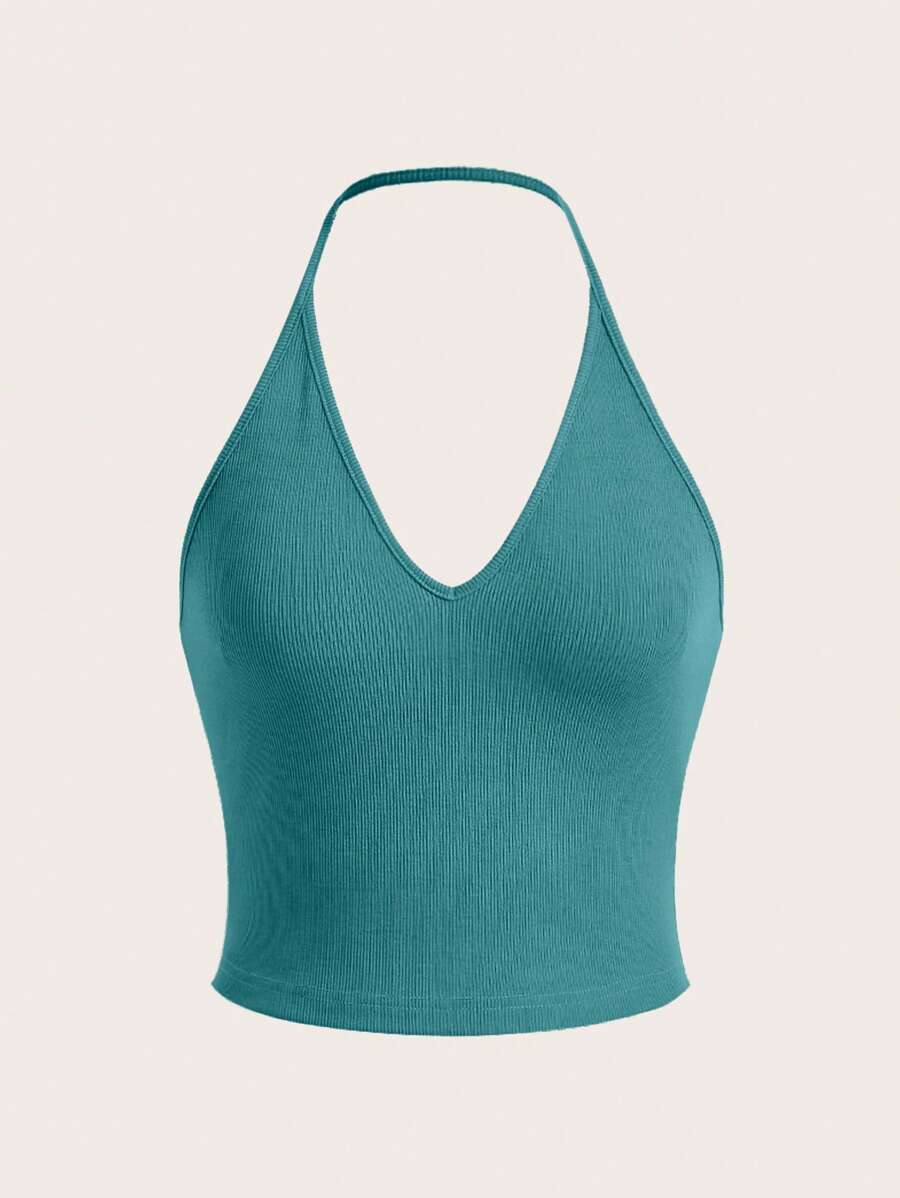 SHEIN EZwear Solid Backless Halter Top - Teal Blue - View 1