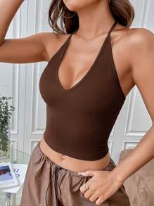 SHEIN EZwear 夏季纯色休闲罗纹针织露脐吊带上衣 - 巧克力棕 - 查看 6