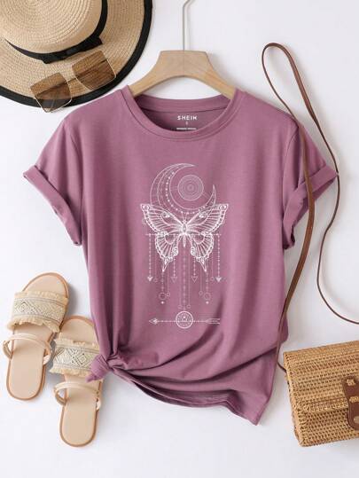 INAWLY Moon And Butterfly Print Tee Graphic Tees Women Tops