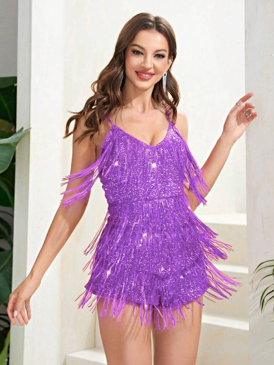 Double Crazy Women's Autumn Jumpsuit, Suitable For Wedding Guest Attire Women's Summer Sequin Fringed Spaghetti Strap Jumpsuit, Suitable For Music Concerts - Lilac Purple - View 1