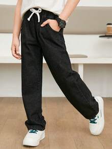 Chicos Jeans de pierna recta de cintura con cordón - Negro - Ver 4