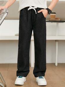 Chicos Jeans de pierna recta de cintura con cordón - Negro - Ver 1
