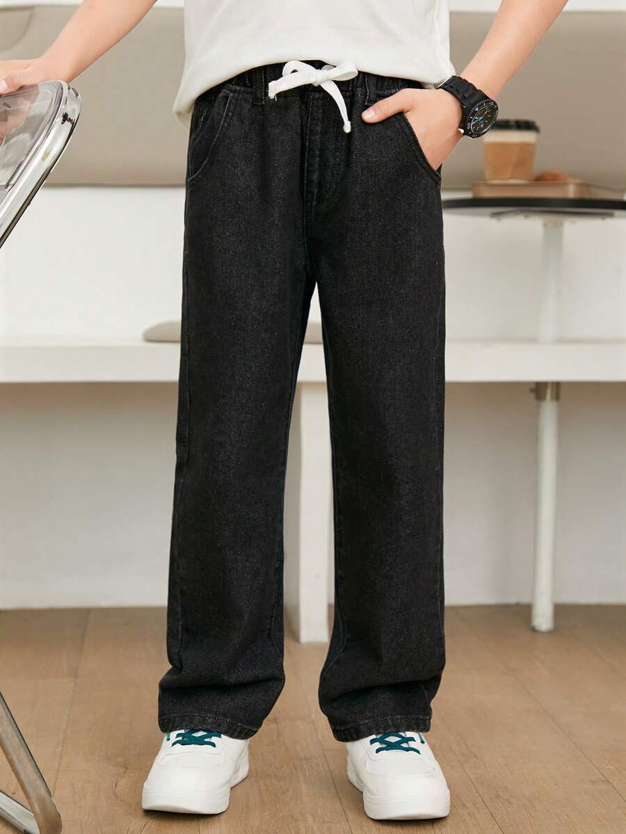 Chicos Jeans de pierna recta de cintura con cordón - Negro - Ver 1