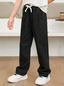 Chicos Jeans de pierna recta de cintura con cordón - Negro - Ver 5