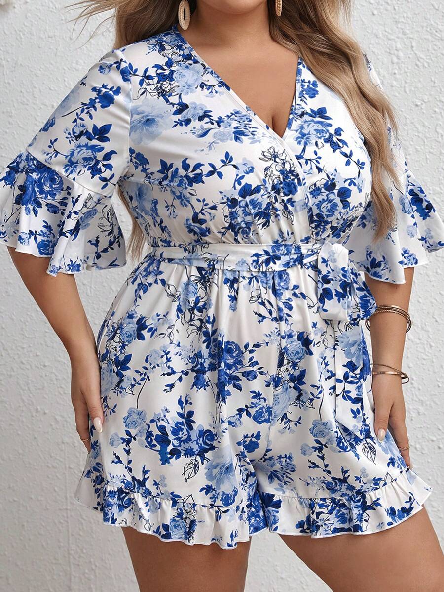 SHEIN VCAY Plus Floral Print Flounce Sleeve Ruffle Hem Belted Romper