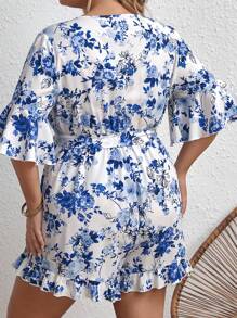 SHEIN VCAY Plus Floral Print Flounce Sleeve Ruffle Hem Belted Romper