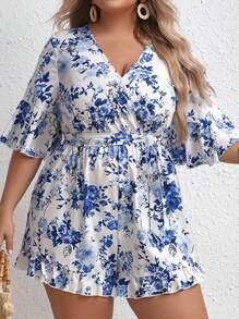SHEIN VCAY Plus Floral Print Flounce Sleeve Ruffle Hem Belted Romper