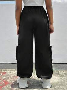 SHEIN 休閒運動黑色背帶褲錐形褲 - 黑色 - 查看 2