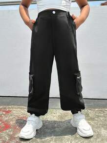 SHEIN 休閒運動黑色背帶褲錐形褲 - 黑色 - 查看 3