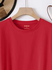 SHEIN LUNE Áo thun nữ màu trơn Giải trí - Đỏ - Xem 5