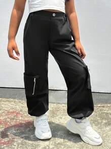 SHEIN 休閒運動黑色背帶褲錐形褲 - 黑色 - 查看 4