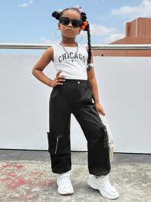 SHEIN 休閒運動黑色背帶褲錐形褲 - 黑色 - 查看 5