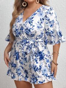 SHEIN VCAY Plus Floral Print Flounce Sleeve Ruffle Hem Belted Romper