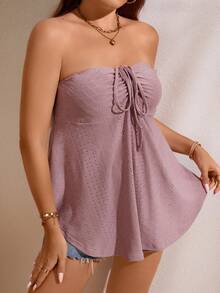 SHEIN Unity Plus Drawstring Front Eyelet Embroidery Tube Top - Dusty Pink - View 4
