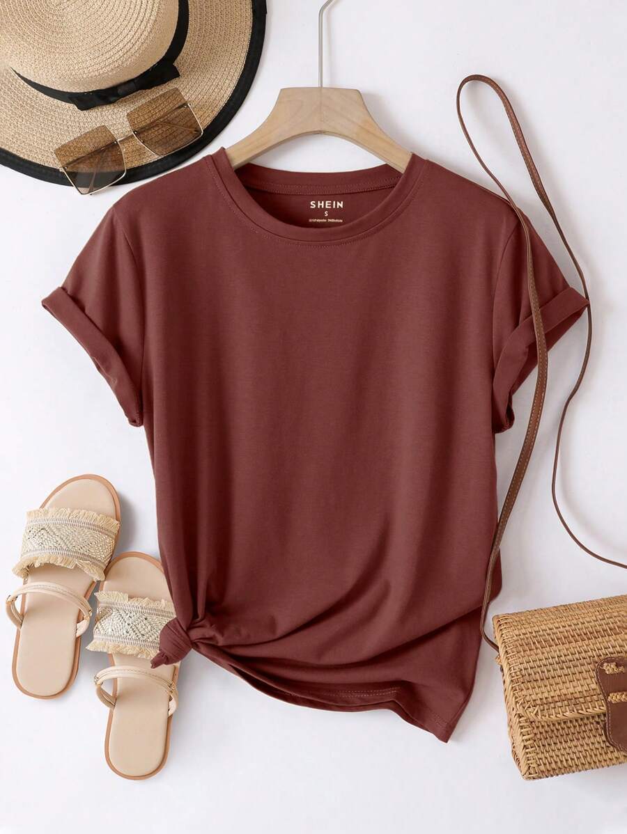 INAWLY Solid Batwing Sleeve Tee - Rust Brown - View 1